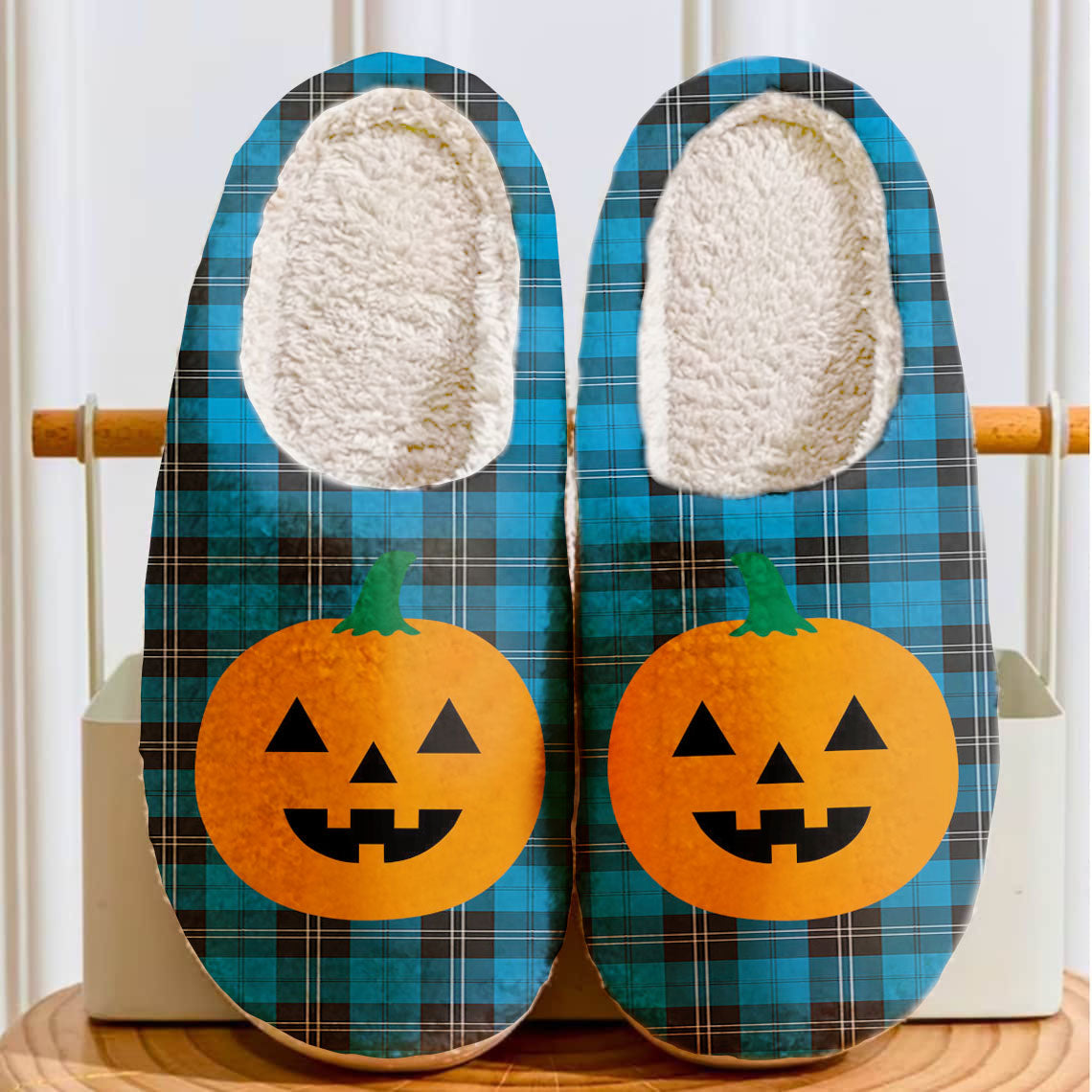 Clan Ramsay Blue Ancient Tartan Halloween Pumpkin Slippers, Fluffy Spooky Slippers YQ16 Ramsay Blue Ancient Tartan Tartan Halloween   