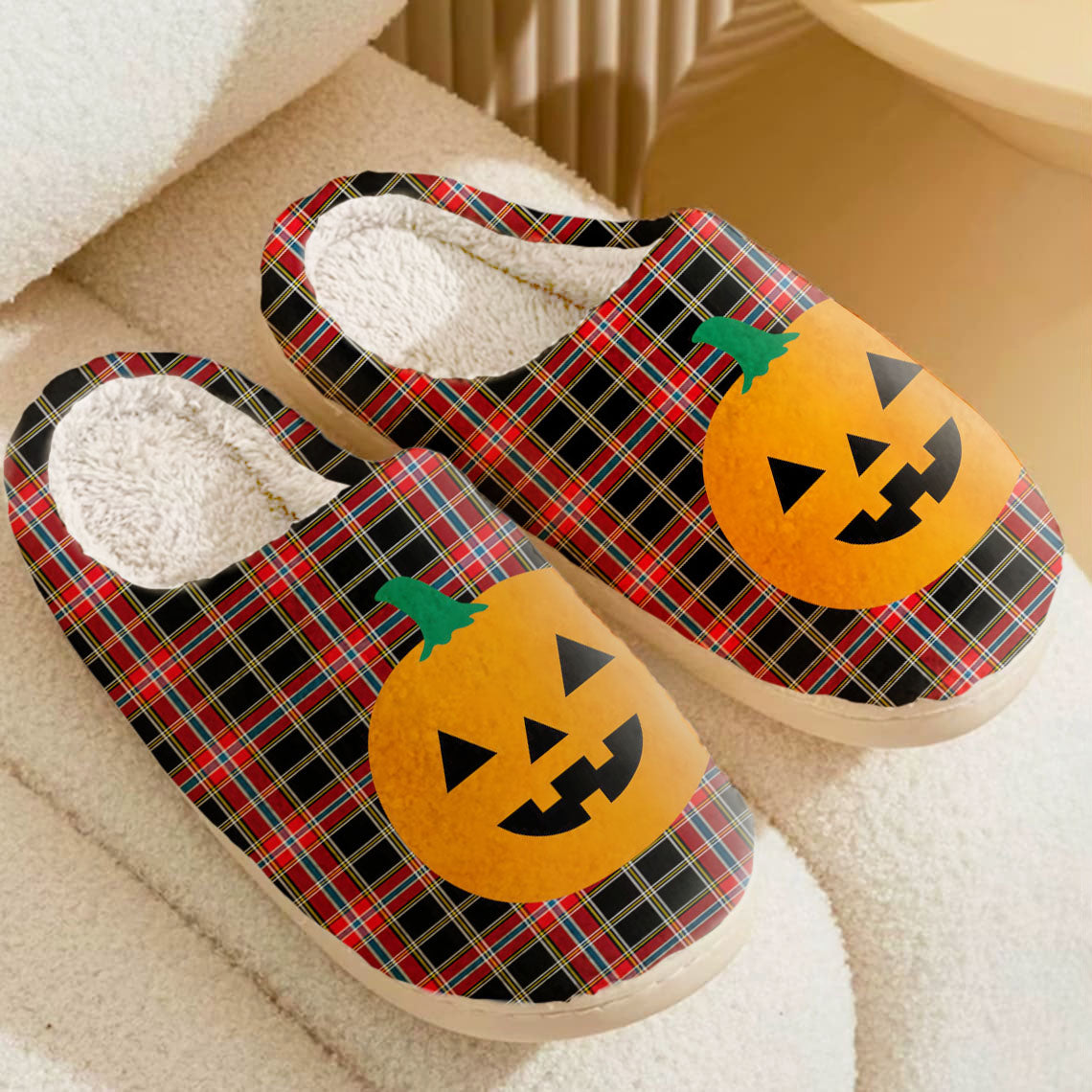 Clan Norwegian Night Tartan Halloween Pumpkin Slippers, Fluffy Spooky Slippers ML52 Norwegian Night Tartan Tartan Halloween   