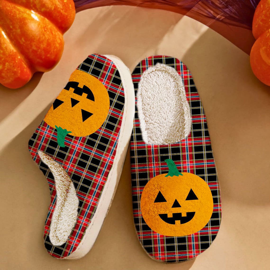 Clan Norwegian Night Tartan Halloween Pumpkin Slippers, Fluffy Spooky Slippers ML52 Norwegian Night Tartan Tartan Halloween   