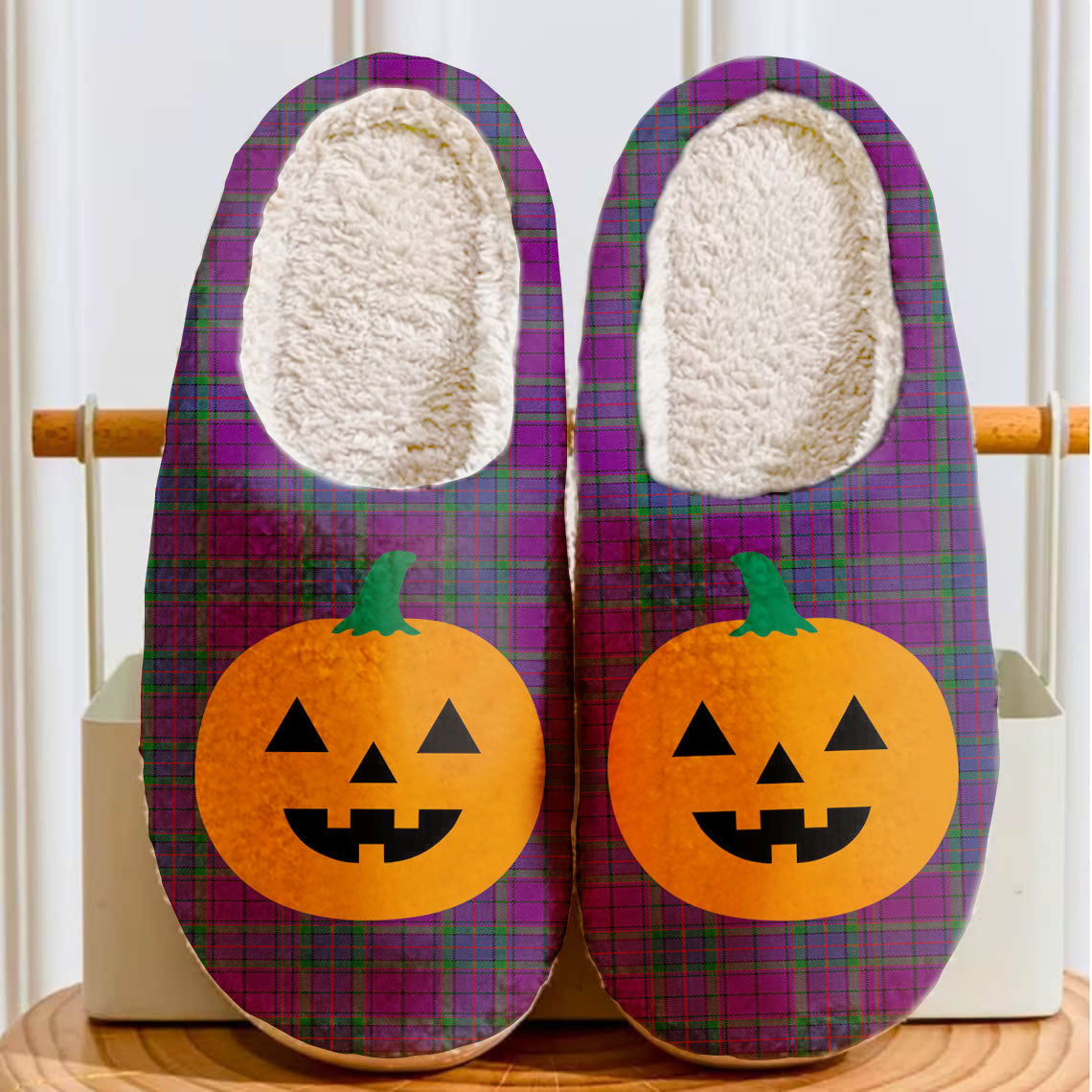 Clan Wardlaw Tartan Halloween Pumpkin Slippers, Fluffy Spooky Slippers ET40 Wardlaw Tartan Tartan Halloween   