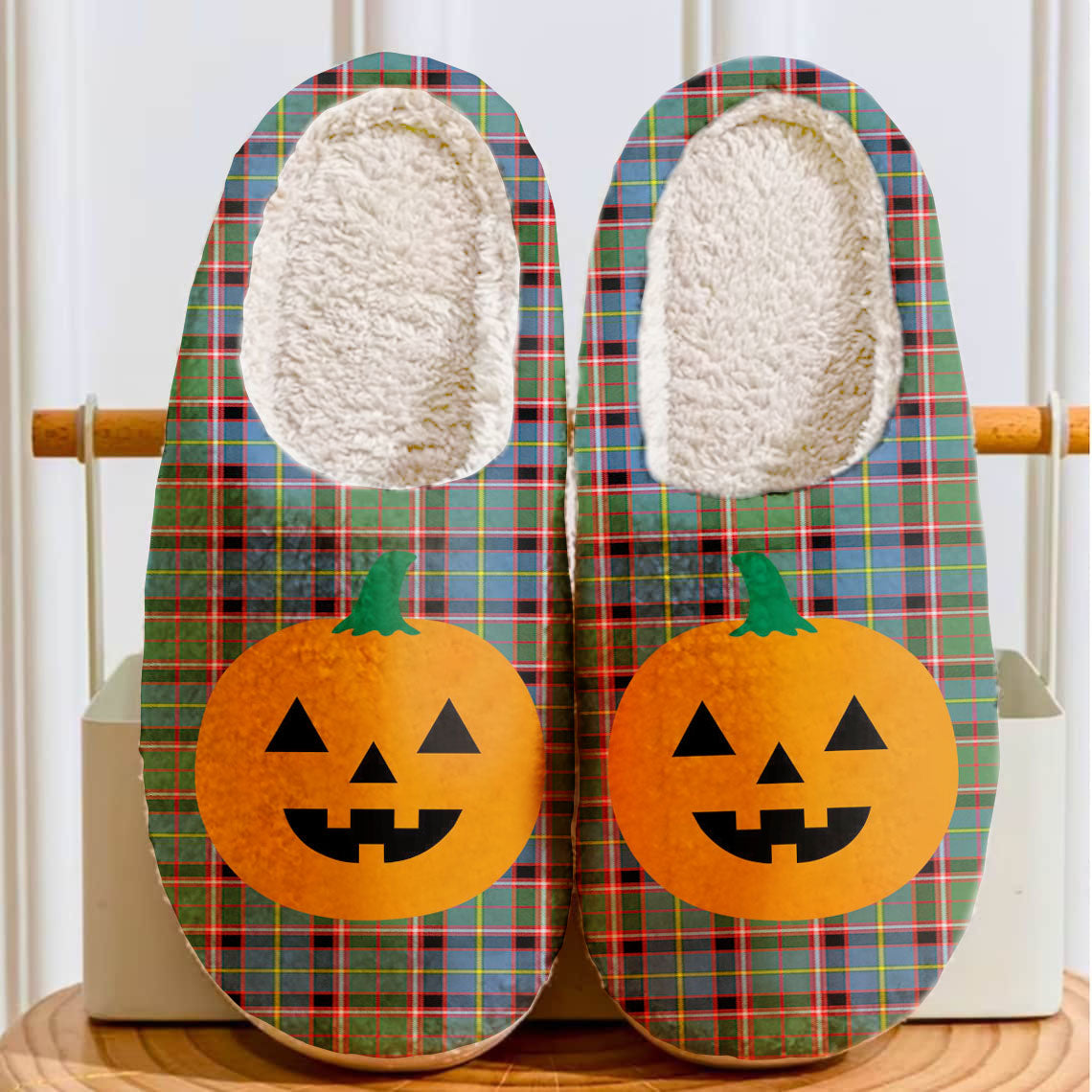 Clan Stirling (of Keir) Tartan Halloween Pumpkin Slippers, Fluffy Spooky Slippers TZ82 Stirling (of Keir) Tartan Tartan Halloween   