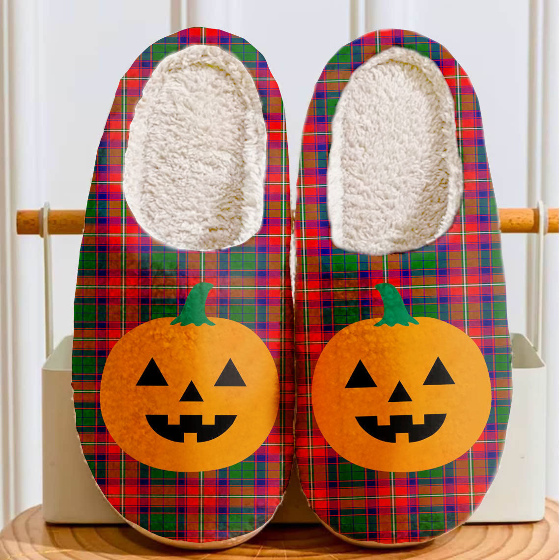 Clan Wauchope Tartan Halloween Pumpkin Slippers, Fluffy Spooky Slippers OS50 Wauchope Tartan Tartan Halloween   