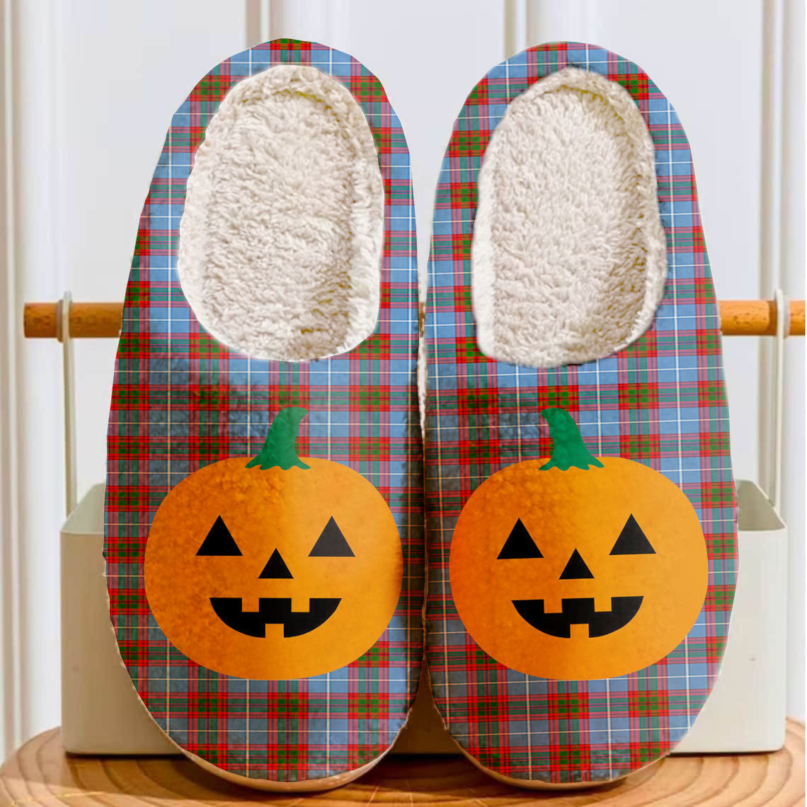 Clan Trotter Tartan Halloween Pumpkin Slippers, Fluffy Spooky Slippers HT30 Trotter Tartan Tartan Halloween   