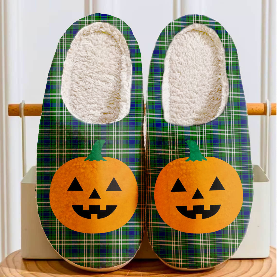 Clan Swinton (Tweedside) Tartan Halloween Pumpkin Slippers, Fluffy Spooky Slippers PX82 Swinton (Tweedside) Tartan Tartan Halloween   