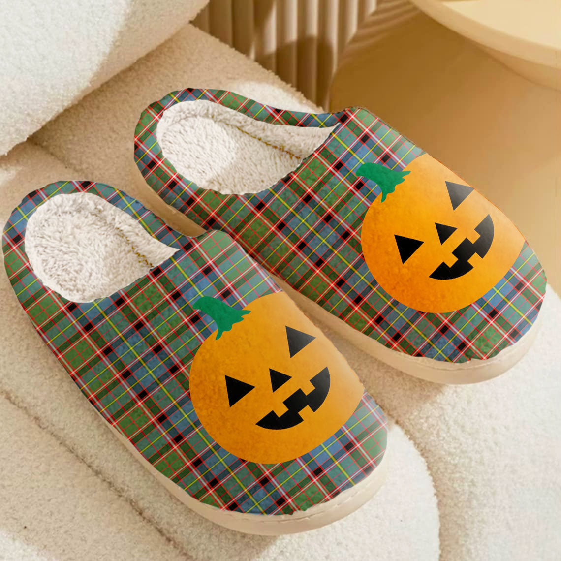 Clan Stirling (of Cadder-Present Chief) Tartan Halloween Pumpkin Slippers, Fluffy Spooky Slippers XD62 Stirling (of Cadder-Present Chief) Tartan Tartan Halloween   