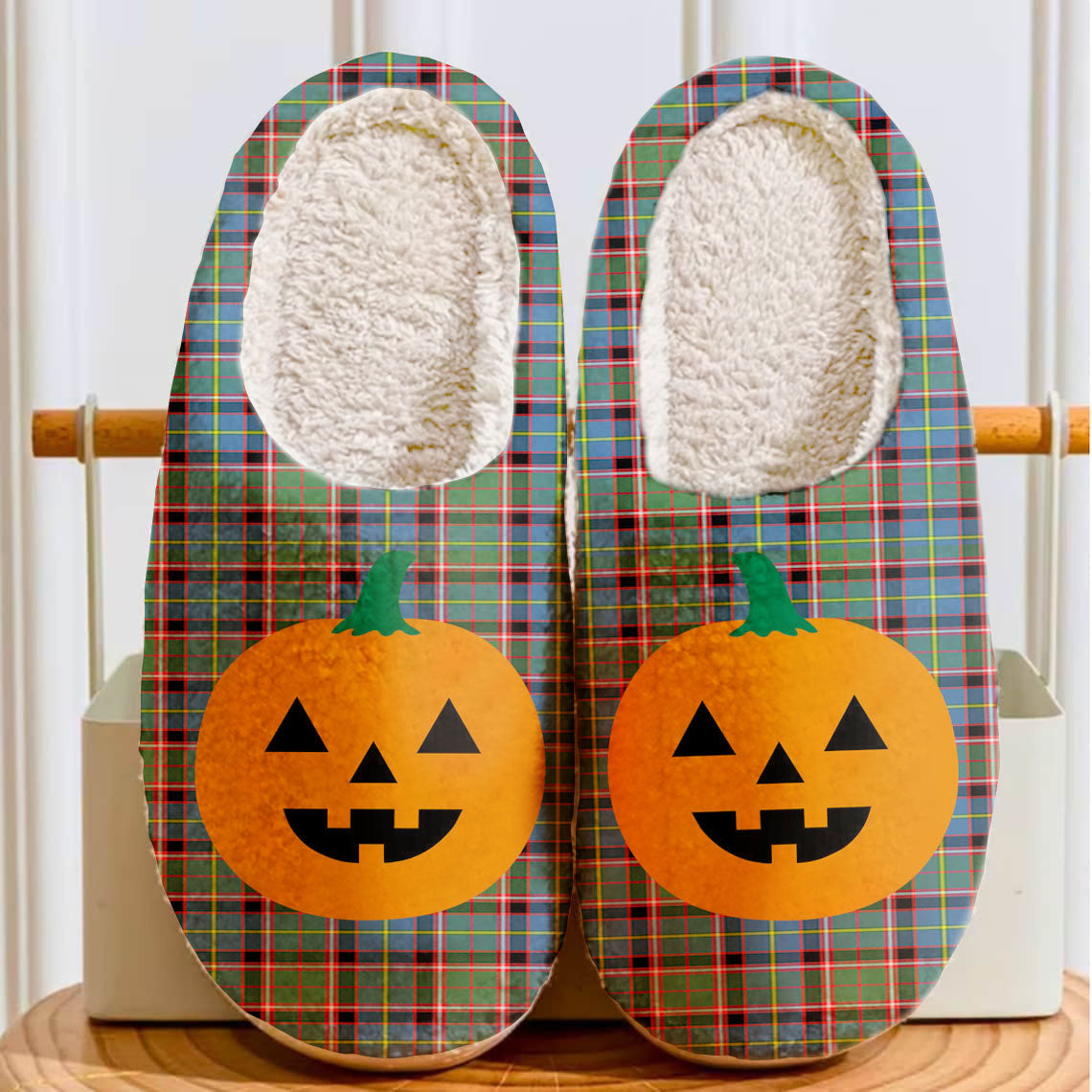 Clan Stirling (of Cadder-Present Chief) Tartan Halloween Pumpkin Slippers, Fluffy Spooky Slippers XD62 Stirling (of Cadder-Present Chief) Tartan Tartan Halloween   