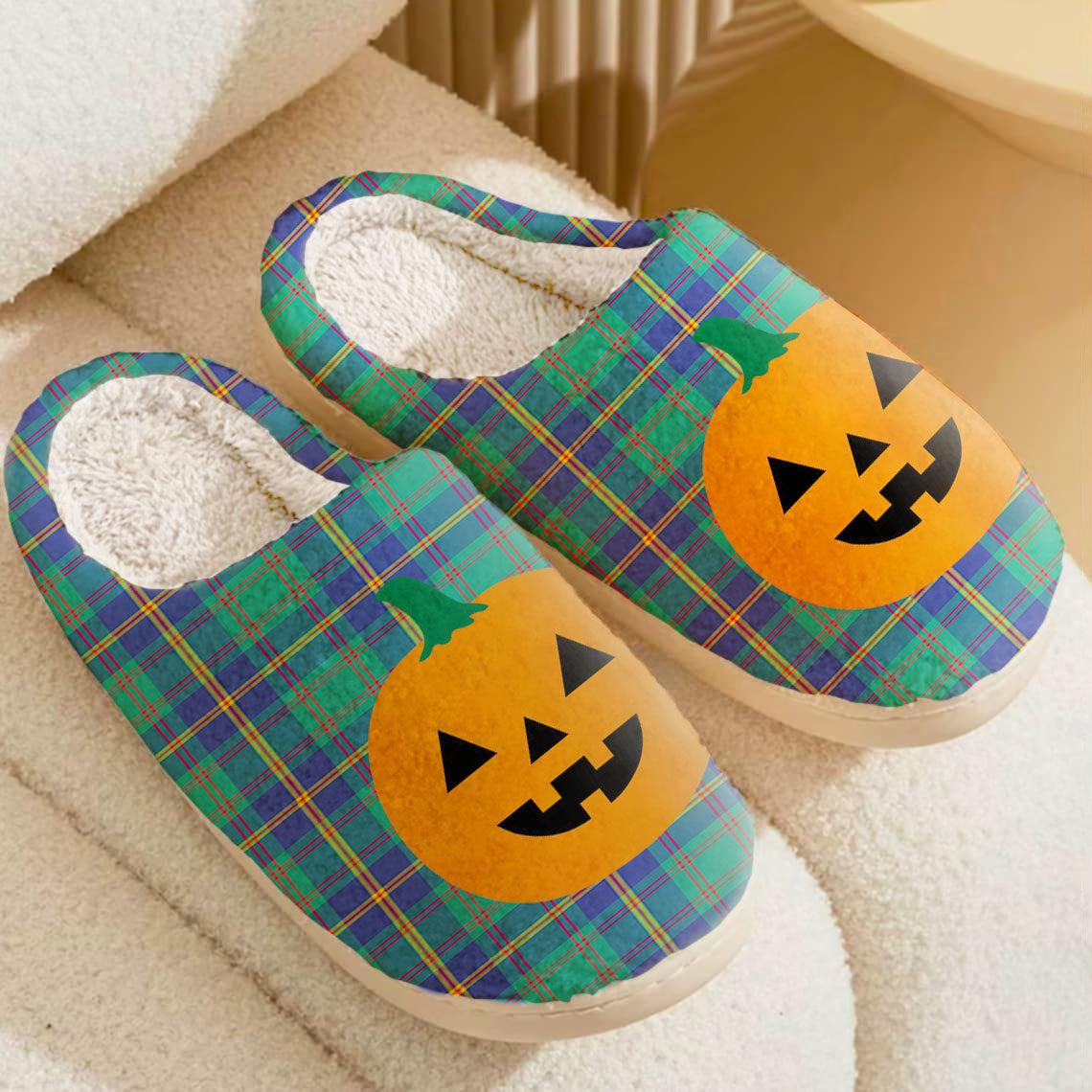 Clan US Marine Tartan Halloween Pumpkin Slippers, Fluffy Spooky Slippers CA55 US Marine Tartan Tartan Halloween   