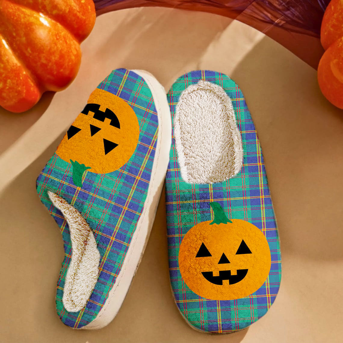 Clan US Marine Tartan Halloween Pumpkin Slippers, Fluffy Spooky Slippers CA55 US Marine Tartan Tartan Halloween   