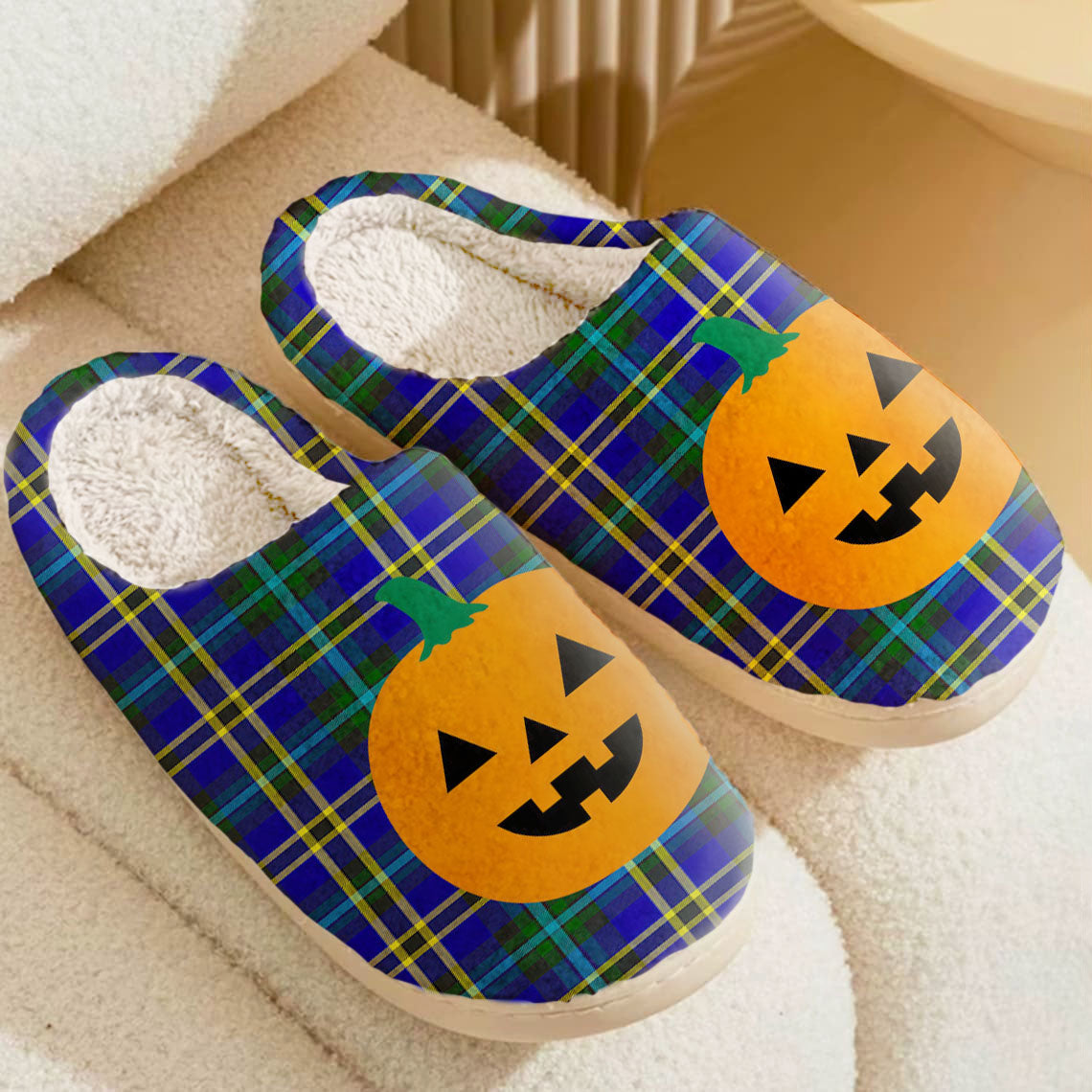 Clan Weir Modern Tartan Halloween Pumpkin Slippers, Fluffy Spooky Slippers YS34 Weir Modern Tartan Tartan Halloween   