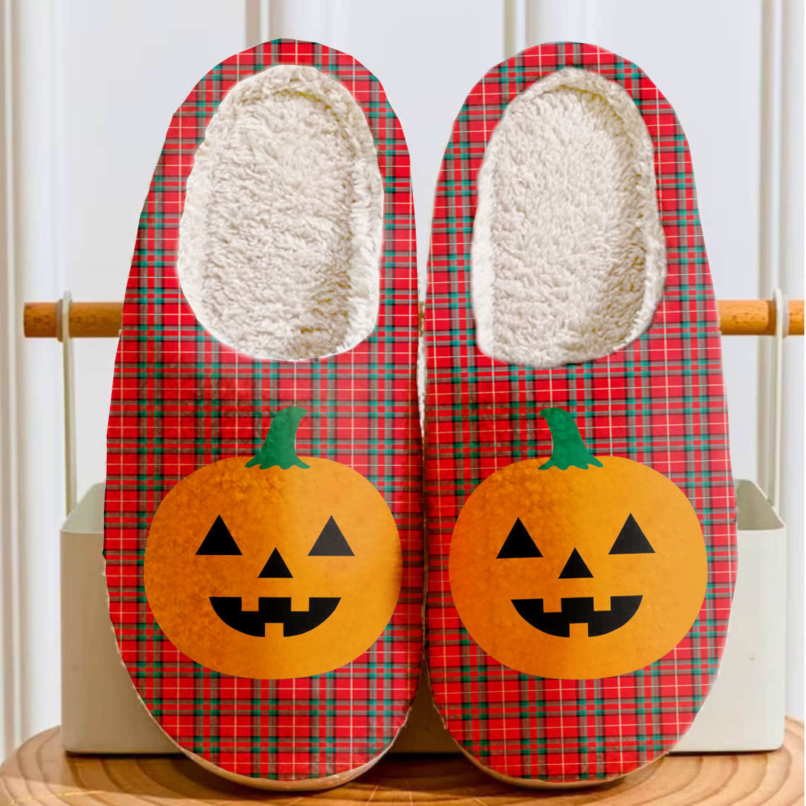 Clan Stuart of Bute Tartan Halloween Pumpkin Slippers, Fluffy Spooky Slippers LJ70 Stuart of Bute Tartan Tartan Halloween   