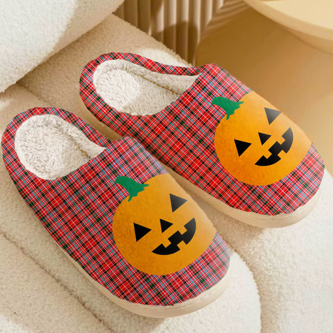 Clan Udny Tartan Halloween Pumpkin Slippers, Fluffy Spooky Slippers MG50 Udny Tartan Tartan Halloween   