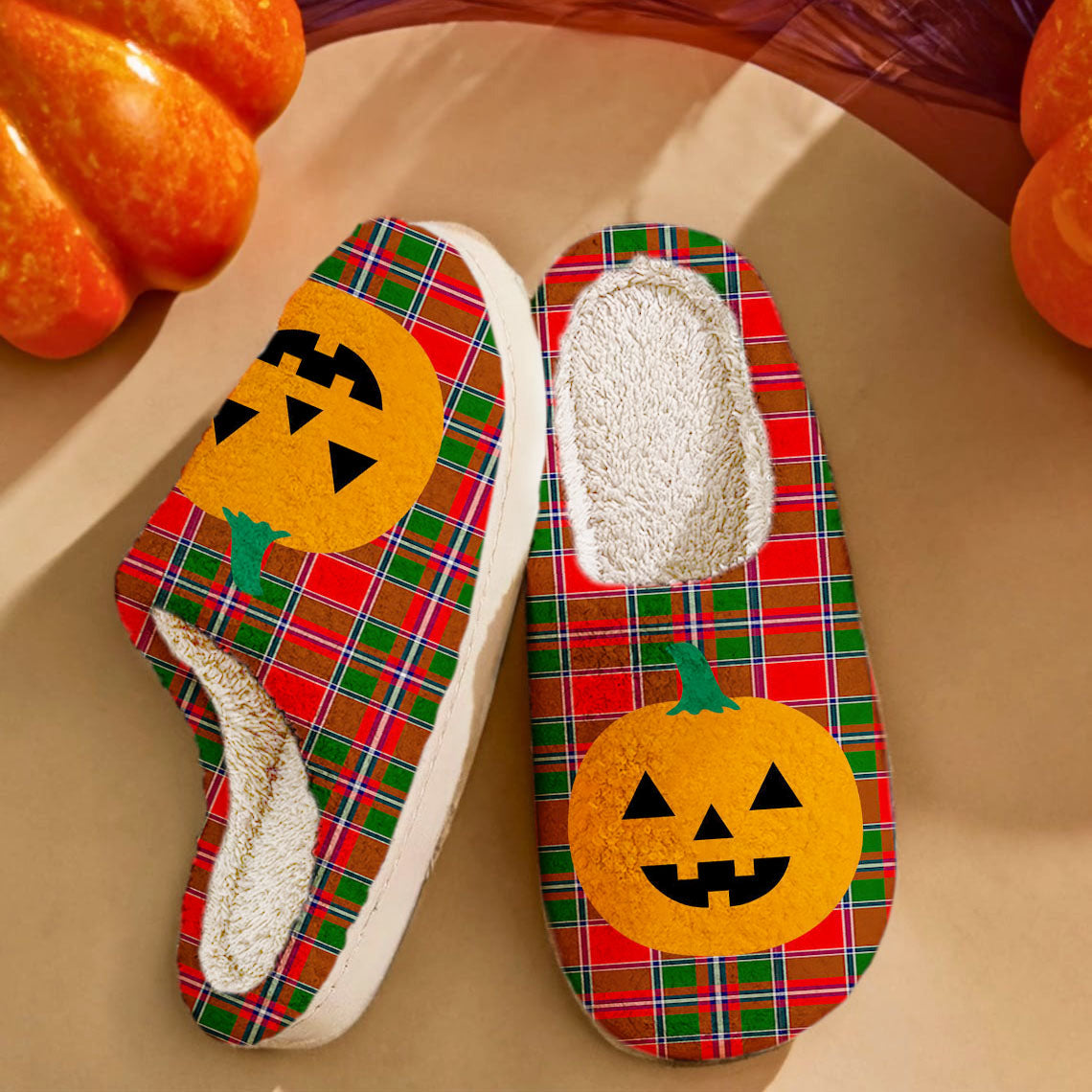 Clan Spens Modern Tartan Halloween Pumpkin Slippers, Fluffy Spooky Slippers JE65 Spens Modern Tartan Tartan Halloween   