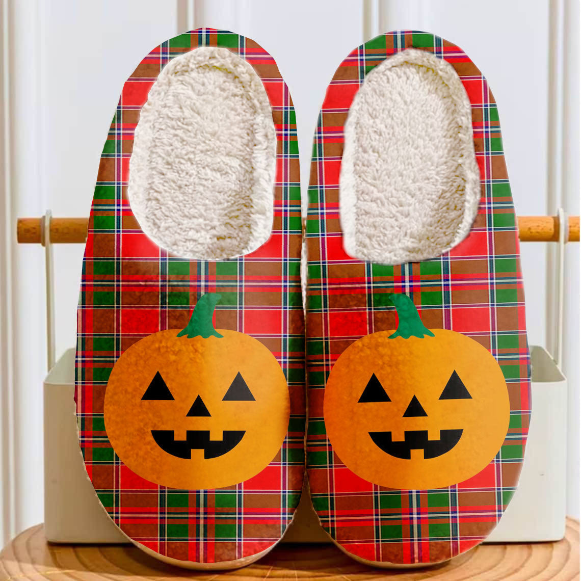 Clan Spens Modern Tartan Halloween Pumpkin Slippers, Fluffy Spooky Slippers JE65 Spens Modern Tartan Tartan Halloween   