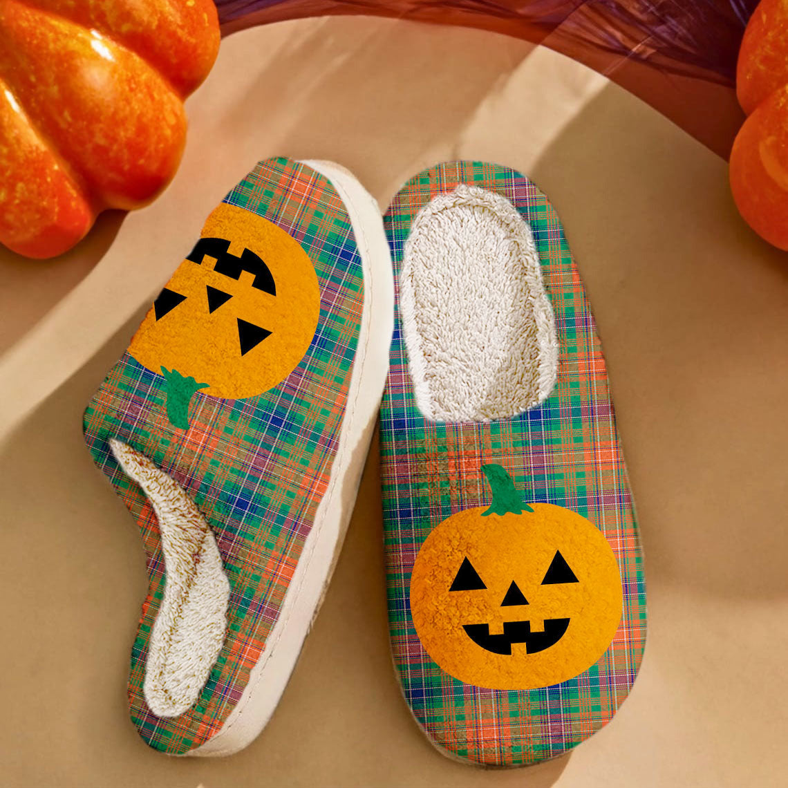 Clan Wilson Ancient Tartan Halloween Pumpkin Slippers, Fluffy Spooky Slippers FY20 Wilson Ancient Tartan Tartan Halloween   