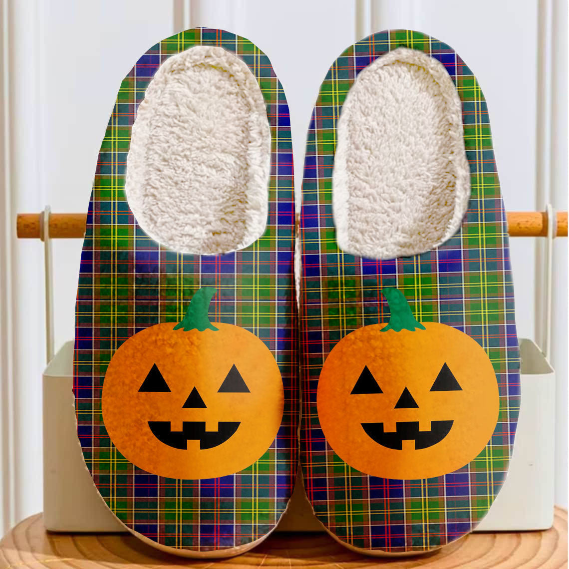 Clan Whitefoord Tartan Halloween Pumpkin Slippers, Fluffy Spooky Slippers PW37 Whitefoord Tartan Tartan Halloween   