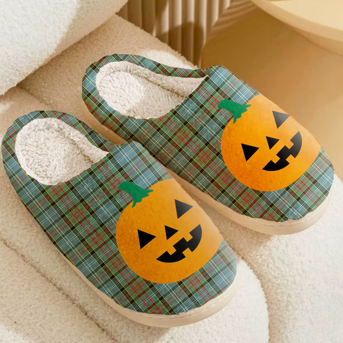 Clan Walkinshaw Tartan Halloween Pumpkin Slippers, Fluffy Spooky Slippers CX72 Walkinshaw Tartan Tartan Halloween   