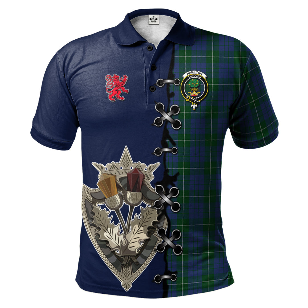 Clan Hamilton Hunting Tartan Polo Shirt - Lion Rampant And Celtic Thistle Style EN38 Hamilton Hunting Tartan Tartan Polo   