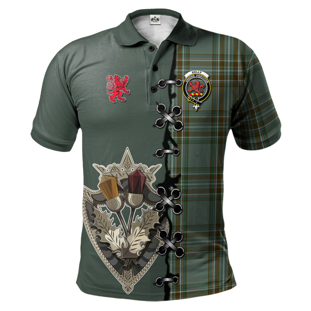 Clan Kelly Dress Tartan Polo Shirt - Lion Rampant And Celtic Thistle Style FE17 Kelly Dress Tartan Tartan Polo   