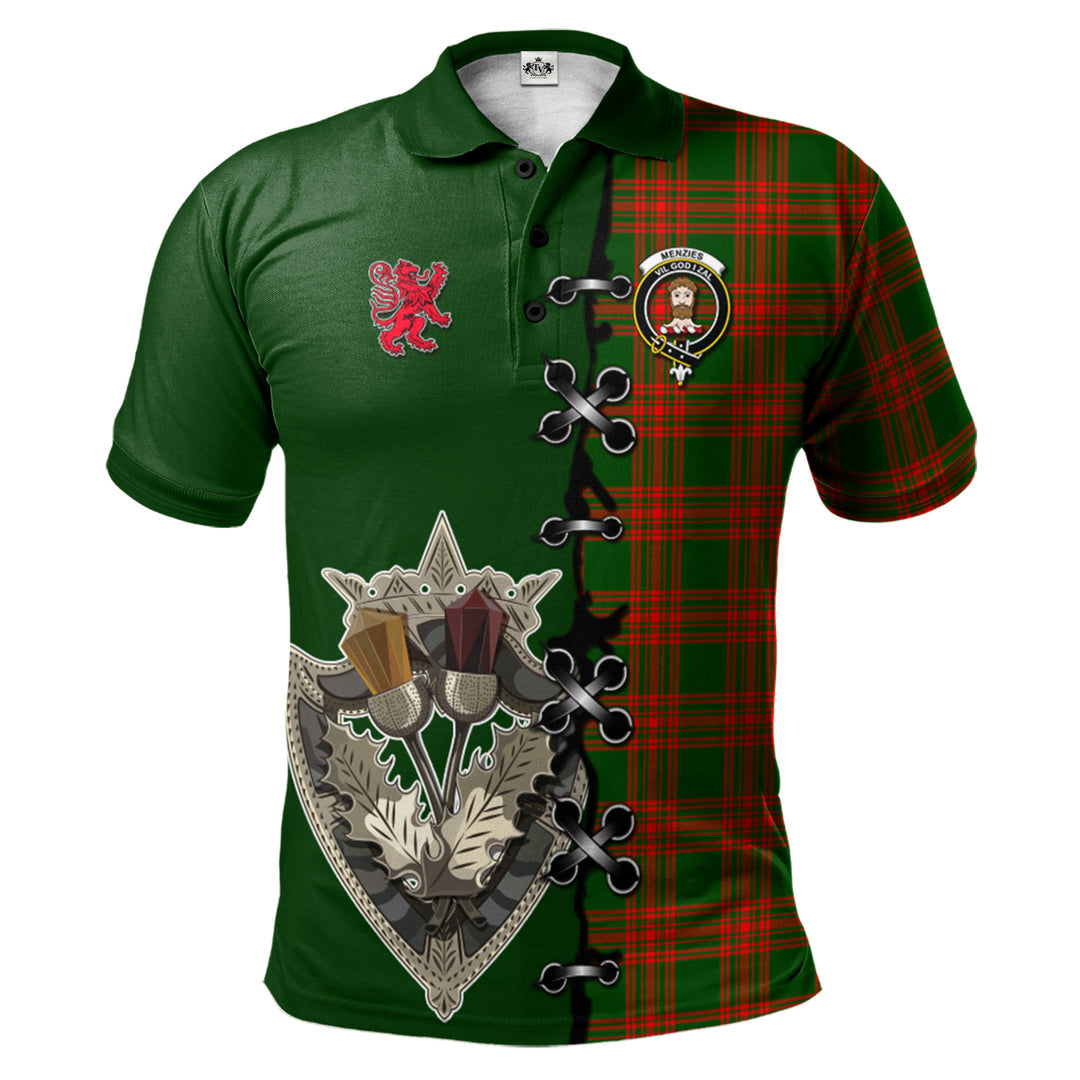 Clan Menzies Green Modern Tartan Polo Shirt - Lion Rampant And Celtic Thistle Style AR24 Menzies Green Modern Tartan Tartan Polo   