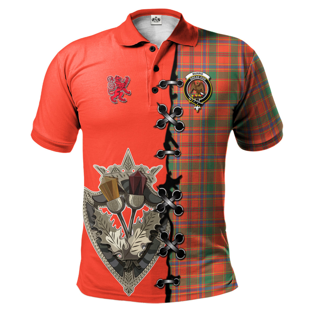 Clan Munro Ancient Tartan Polo Shirt - Lion Rampant And Celtic Thistle Style WD90 Munro Ancient Tartan Tartan Polo   