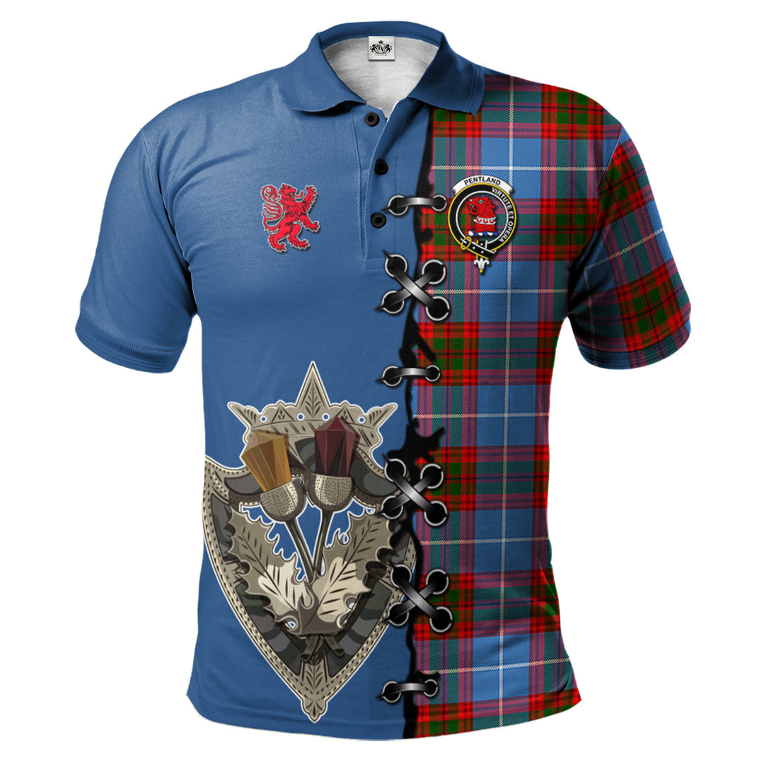 Clan Pentland Tartan Polo Shirt - Lion Rampant And Celtic Thistle Style PI22 Pentland Tartan Tartan Polo   