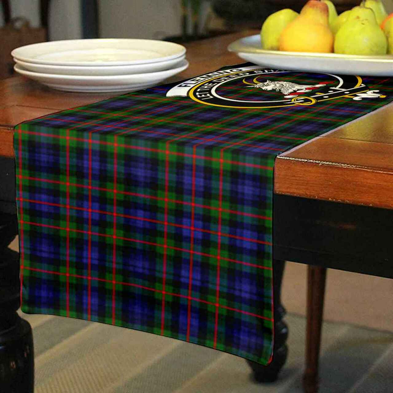 Clan Fleming Tartan Crest Table Runner Cotton EP58 Fleming Tartan Tartan Table Runner   